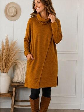 Creations 2011 Mustard Heathered cowl neck sweater dress . Women’s knit tunic